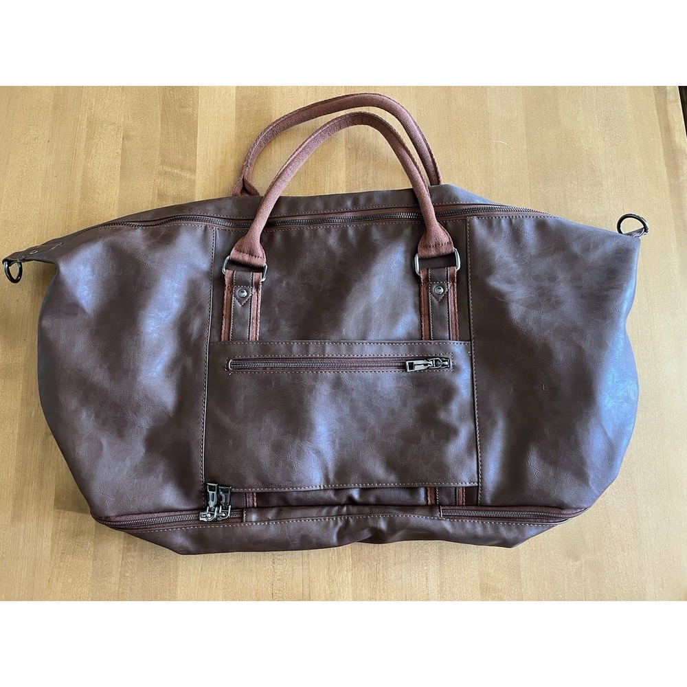 Seyfocnia Brown Faux Leather Duffle Bag Travel Weekender Gym Bag Shoe